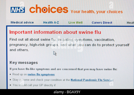 Screenshot der britischen Regierung Gesundheit Beratung Website nhs Entscheidungen zeigen, Beratung für Schweinegrippe nur zu redaktionellen Zwecken Stockfoto