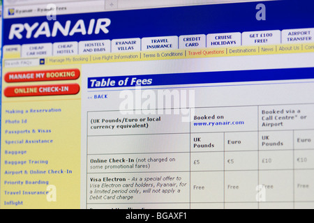 Screenshot der Gebührentabelle auf Ryanair-Website nur zu redaktionellen Zwecken Stockfoto