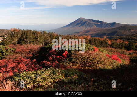 Japan, Insel Honshu, Towada Hachimantai Nationalpark, Mount Iwate und Herbstfarben Stockfoto