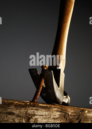 Hammer einen Nagel aus einer alten hölzernen Oberfläche entfernen Stockfoto