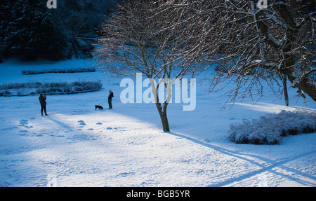 Dezember-Schnee-Szene Kelso Scottish Grenzen UK - Wandern in Bridgend Park Mann nimmt Foto von Frau mit Hund Stockfoto