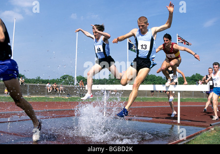 Gruppe von männlichen Läufer über Hürden zu springen, während ein Hindernislauf Stockfoto