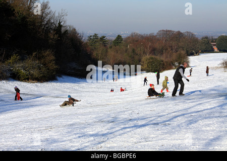 Rodeln im Schnee auf Epsom Downs, Surrey, England, UK. Dezember 2009. Stockfoto