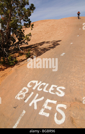 Mountainbiker auf Slickrock Trail, Moab, Utah, USA Stockfoto