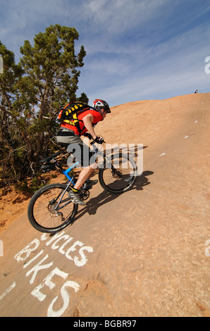 Mountainbiker auf Slickrock Trail, Moab, Utah, USA Stockfoto