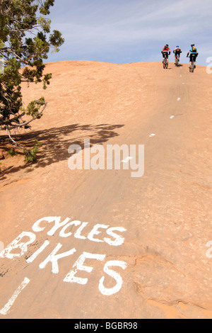 Mountainbiker auf Slickrock Trail, Moab, Utah, USA Stockfoto