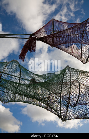 Trocknenden Fisch fangen Netze auf trocknen Boden vor blauem Himmel mit weißen Wolken. Stockfoto