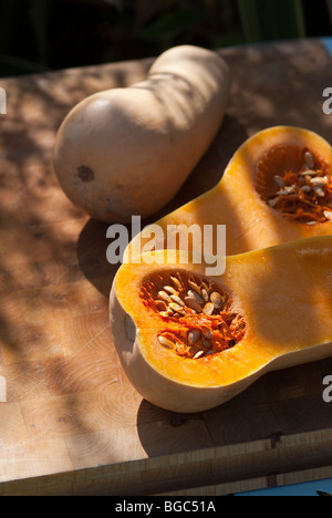 Butternut-Kürbis geschnitten, um die Samen zu offenbaren Stockfoto