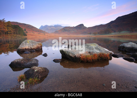 "Blea Tarn wenig Langdale" Felsen spiegelt sich am Rand Wassers, Lake District National Park, UK. Stockfoto
