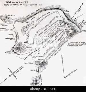 Karte der Ort des Geschehens während der Schlacht von Majuba Hill, in der Nähe von Volksrust, Südafrika, im ersten Burenkrieg. Stockfoto