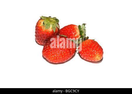 Erdbeeren (Fragaria × Ananassa) in einer kleinen Gruppe auf weißem Hintergrund Stockfoto