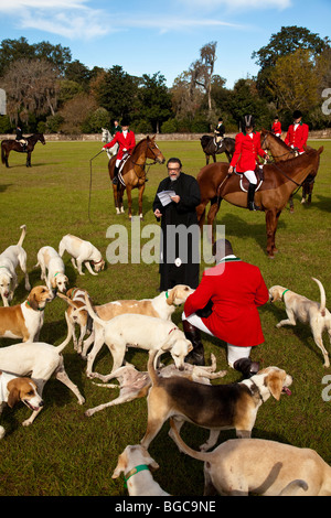 Segnung der Jagdhunden und Fox Jäger zu Beginn der Fuchs Jagd Saison Middleton Place Plantage in Charleston, SC Stockfoto