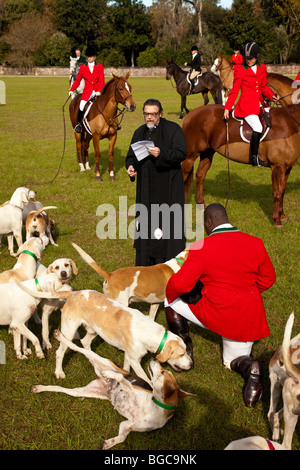 Segnung der Jagdhunden und Fox Jäger zu Beginn der Fuchs Jagd Saison Middleton Place Plantage in Charleston, SC Stockfoto