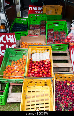 Obst und Gemüse verkauft aus Kofferraum eines Vans Stockfoto