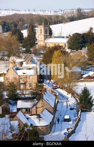 Naunton Dorf im Schnee, nr Stow auf die würde, Gloucestershire, UK Stockfoto