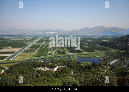 Entwässerung landwirtschaftlicher Böden in Neratva Flussmündung mit Pfirsich und Orange und Mandarine Plantagen. Kroatien. Stockfoto