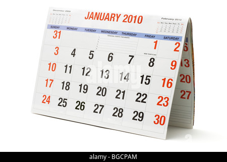 2010 Kalender Januar Seite auf weißem Hintergrund Stockfoto