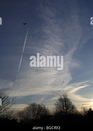 Vögel, Kondensstreifen & Cirrus-Wolken über Swindon Straße Stockfoto