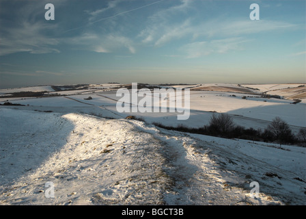 Schnee fällt in den South Downs National Park. Stockfoto