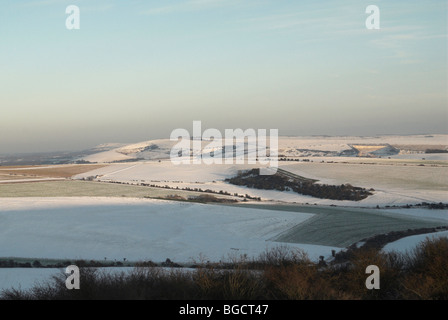 Schnee fällt in den South Downs National Park. Stockfoto
