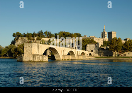 Le Pont d'Avignon oder die Saint-Bénézet-Brücke an der Rhone mit dem Papstpalast oder dem Papstpalast dahinter, Avignon, Provence, Frankreich Stockfoto