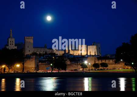 Full Moon Rising über Palais des Papes oder Palast der Päpste mit Licht spiegelt sich im Fluss Rhône, Avignon, Provence, Frankreich Stockfoto