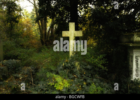 Grabsteine und Unterholz in Highgate Cemetery in London England UK Stockfoto