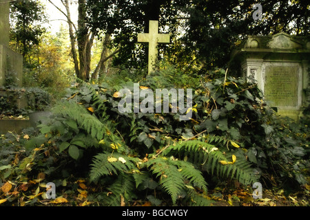 Grabsteine und Unterholz in Highgate Cemetery in London England UK Stockfoto