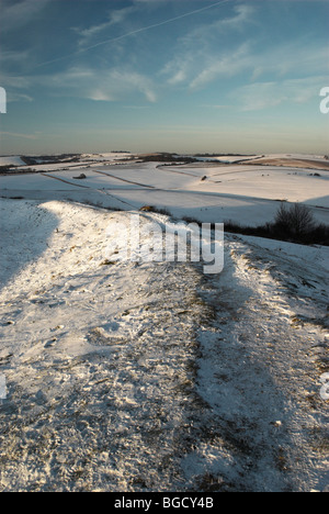 Schnee fällt in den South Downs National Park. Stockfoto