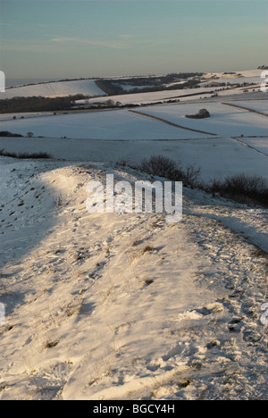 Schnee fällt in den South Downs National Park. Stockfoto