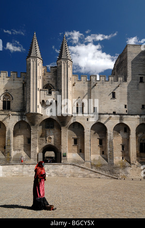 Lebende Statue oder Street Entertainer am Eingang zum Palais des Papes oder Palast der Päpste, Place du Palais Avignon Provence Frankreich Stockfoto