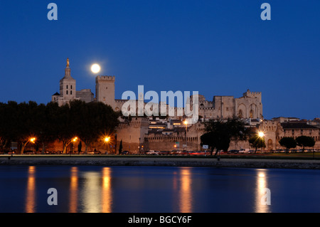 Full Moon Rising über Palais des Papes oder Palast der Päpste mit Licht spiegelt sich im Fluss Rhône, Avignon, Provence, Frankreich Stockfoto