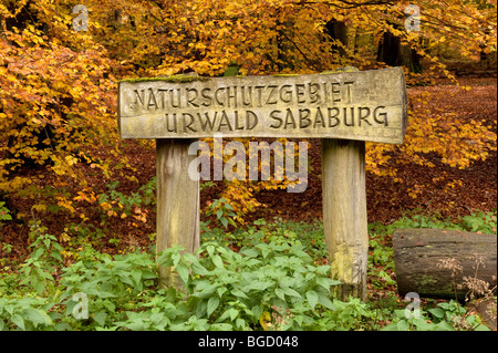 Ortseingangsschild, Naturschutzgebiet, Urwald Sababurg, Reinhardswald, Hofgeismar, Nordhessen, Hessen, Deutschland, Europa Stockfoto