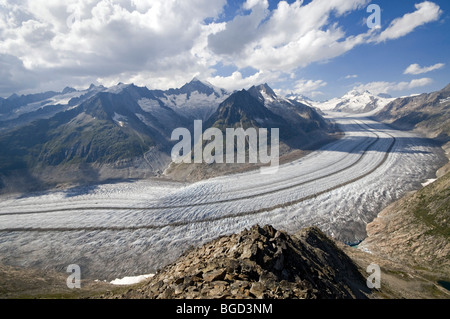 Aletschgletscher vor Schinhorn, Gross Fusshorn, Geisshorn, Aletschhorn, Jungfrau, Mönch Und Eiger Berge, Bernes Stockfoto