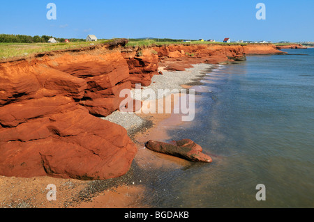 Rote Klippen von La Grande Echouerie, Ile du Cap Aux Meules, Iles De La Madeleine, Maritime Magdalen Inseln, Quebec, Kanada, Nort Stockfoto