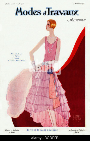 Modi Et Travaux, Nov 1928 Cover von der französischen Modemagazin mit einem rosa Abendkleid von Aine Montaille Stockfoto