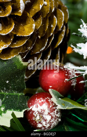 Makro von Tannenzapfen und Beeren am Weihnachtsbaum Stockfoto