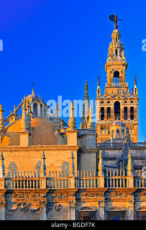 Kathedrale von Sevilla und La Giralda (Bell Tower/Minarett), ein UNESCO-Weltkulturerbe, gesehen vom Plaza del Triunfo bei Sonnenuntergang, Sant Stockfoto