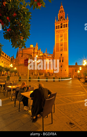 Kathedrale von Sevilla und La Giralda (Bell Tower/Minarett), ein UNESCO-Weltkulturerbe, gesehen von der Plaza Virgen de Los Reyes am Stockfoto