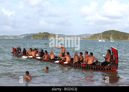 Maori Krieger ein Waka Taua (Krieg Kanu) bereiten ihre Waka auf Te Ti Bucht, an der Spitze bis zu Waitangi Day Feierlichkeiten Stockfoto