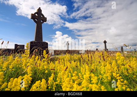 Keltisches Kreuz und gelbe Wildblumen auf einem Grab in Carna, Connemara, Irland Stockfoto