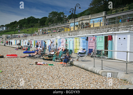 Bunte Strandhäuschen am Meer bei Lyme Regis, Dorset, England, UK Stockfoto
