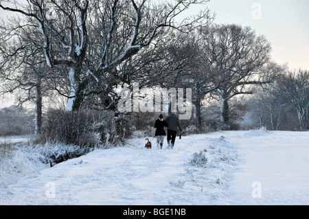 Spaziergang mit dem Hund auf Schnee überdachten Fußweg Stockfoto