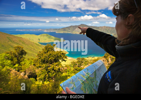 Mit Blick auf Melville-Bucht in Port Gore und Jacksons Kopf, Queen Charlotte Sound, Marlborough, Südinsel, Neuseeland. Modell R Stockfoto