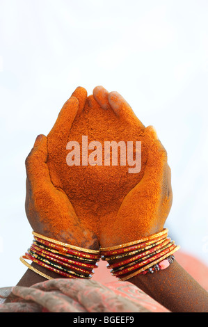 Indische Frau mit Chili Pulver in hohlen Hände gegen den weißen Hintergrund. Indien Stockfoto