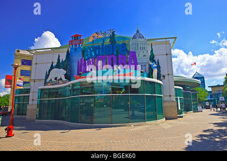 Erkunden Sie Manitoba Zeichen auf das Besucherzentrum Services in The Forks - eine National Historic Site, Stadt von Winnipeg, Manitoba, Cana Stockfoto