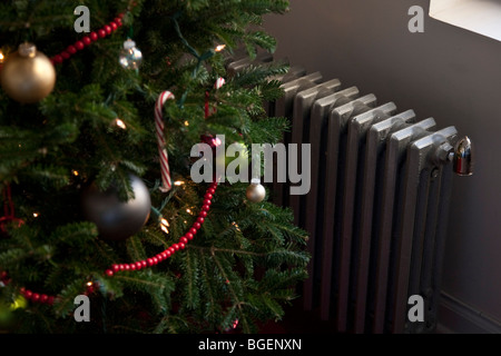 Zentralheizung-Dampf-Heizkörper neben einem Weihnachtsbaum in einem New Yorker Apartment, 29. Dezember 2009. Stockfoto