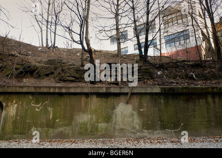 Die verlassene Bahnstrecke, bekannt als die "Bronx Sumpf" ist im Stadtteil Mott Haven in der Bronx in New York gesehen. Stockfoto