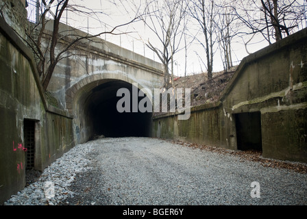 Die verlassene Bahnstrecke, bekannt als die "Bronx Sumpf" ist im Stadtteil Mott Haven in der Bronx in New York gesehen. Stockfoto