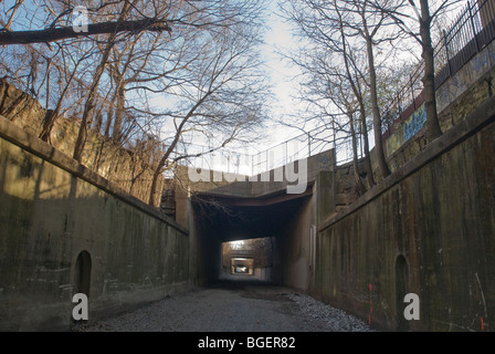 Die verlassene Bahnstrecke, bekannt als die "Bronx Sumpf" ist im Stadtteil Mott Haven in der Bronx in New York gesehen. Stockfoto